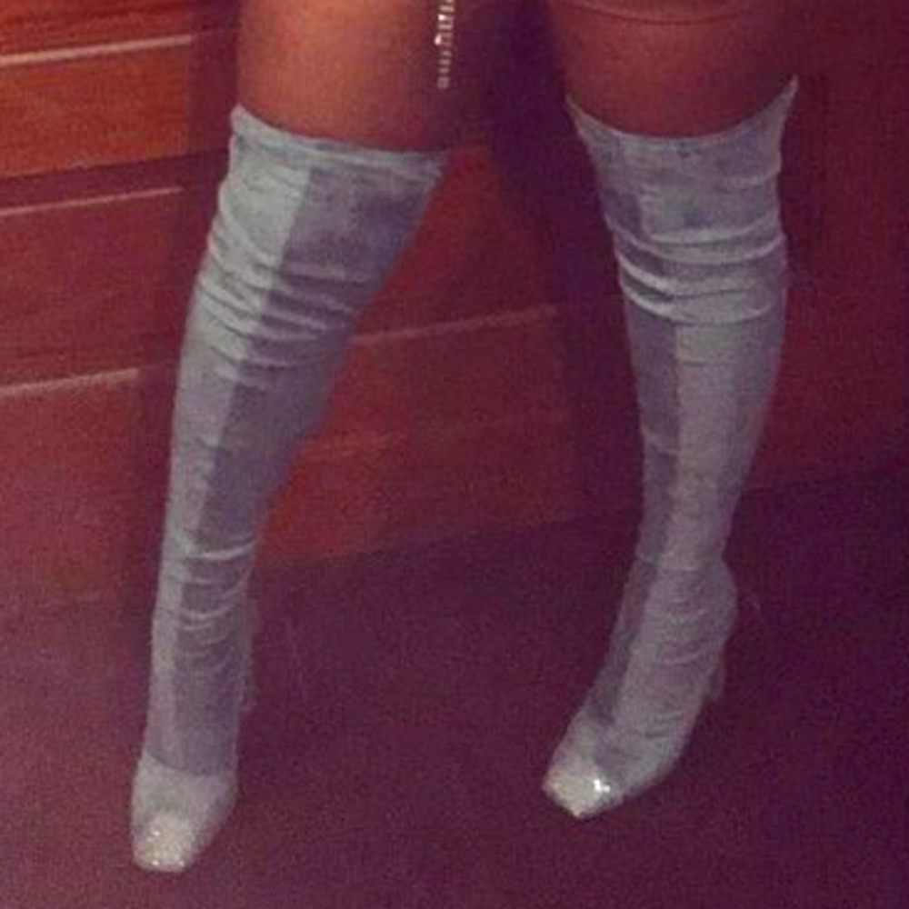 Size 6M wide leg, blue thigh high boots with sparkle rhinestone toes, silver zip
